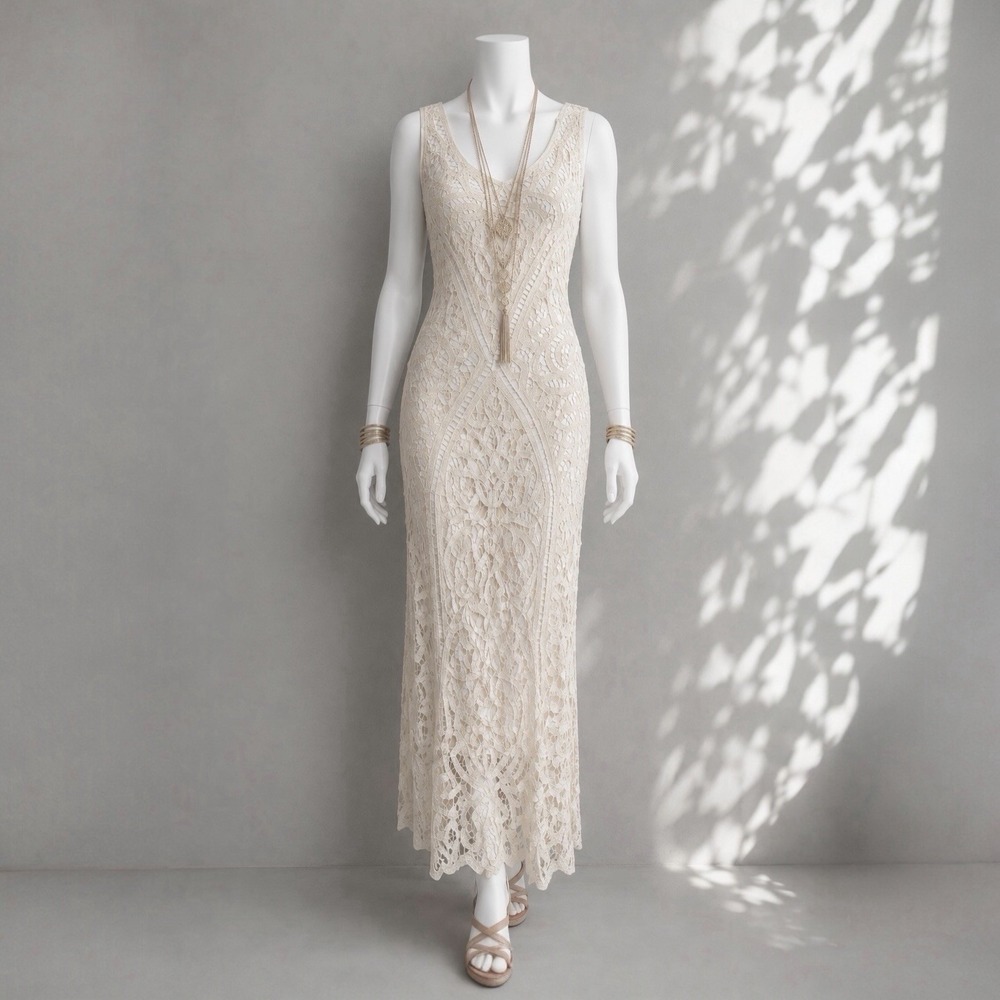 Marina Vintage Y2K Ivory Lace Maxi Dress S/M  SHEER Sleeveless Boho Cottagecore